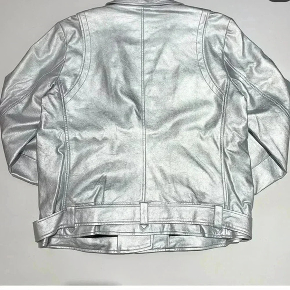 DKNY Metallic Silver Moto Style Faux Leather Jacket SZ XL - Picture 2 of 8